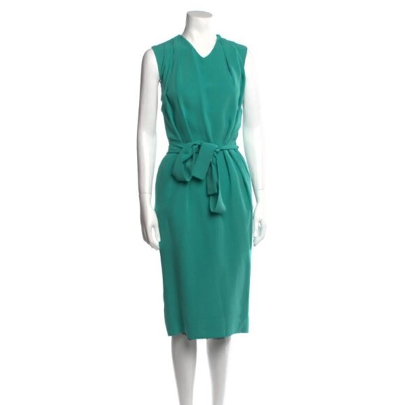 Costello Tagliapietra Blue Green Plunge Back Tie Waist Silk Midi Dress - Picture 1 of 9